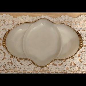Vintage 1950’s Fire King Milk Glass Divided Serving Tray W/ gold bead de…